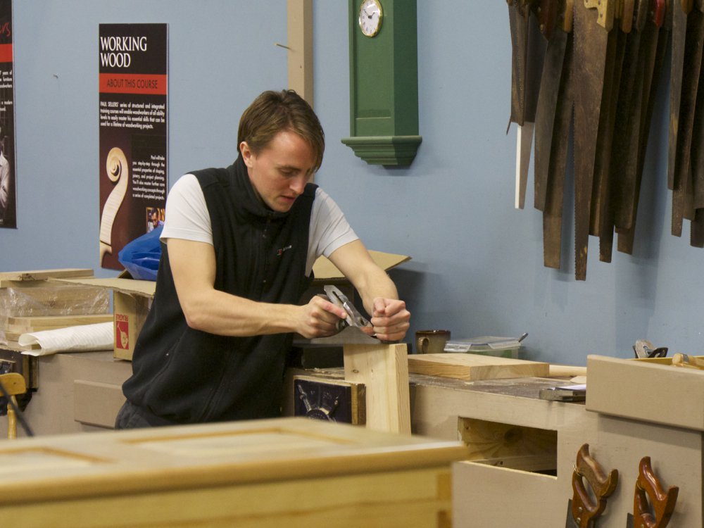 The shops quiet and `i hear banter and laughs go back and forth between benches.